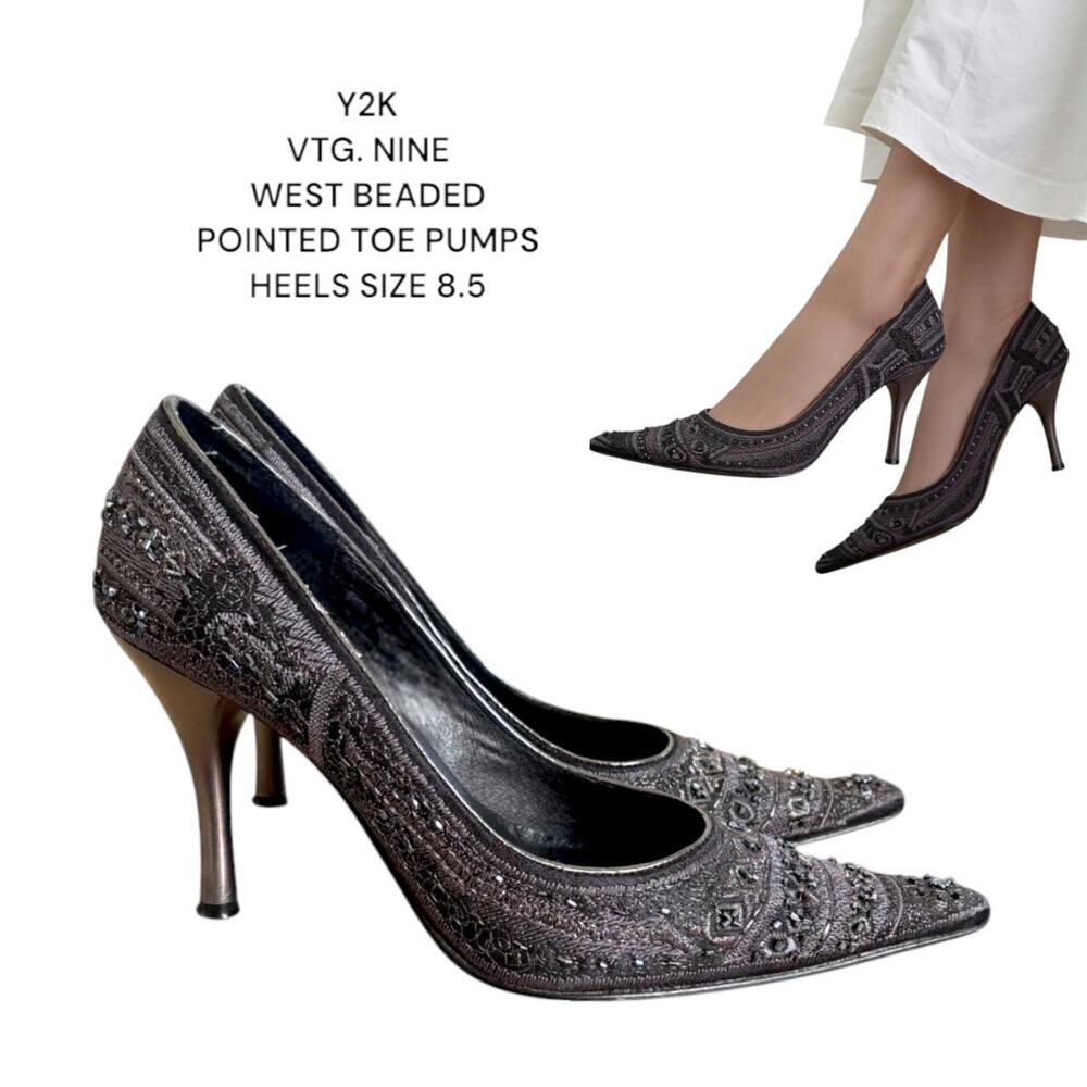 Y2K VTG. NINE‎ WEST BLACK BEADED EMBELLISHED  POINTED TOE PUMPS SIZE 8 1/2